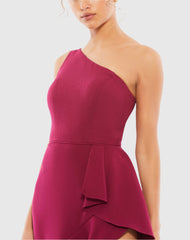 Purple One Shoulder High Slit Ruffle Gown