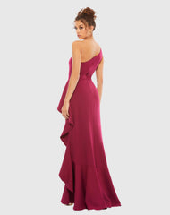 Purple One Shoulder High Slit Ruffle Gown