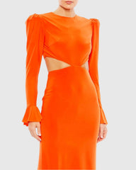 Orange Long Sleeve Puff Shoulder Cut Out Gown - FINAL SALE