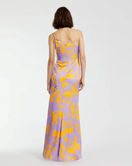 Purple Orchid Floral Printed Charmeuse One Shoulder Maxi Dress With Slit