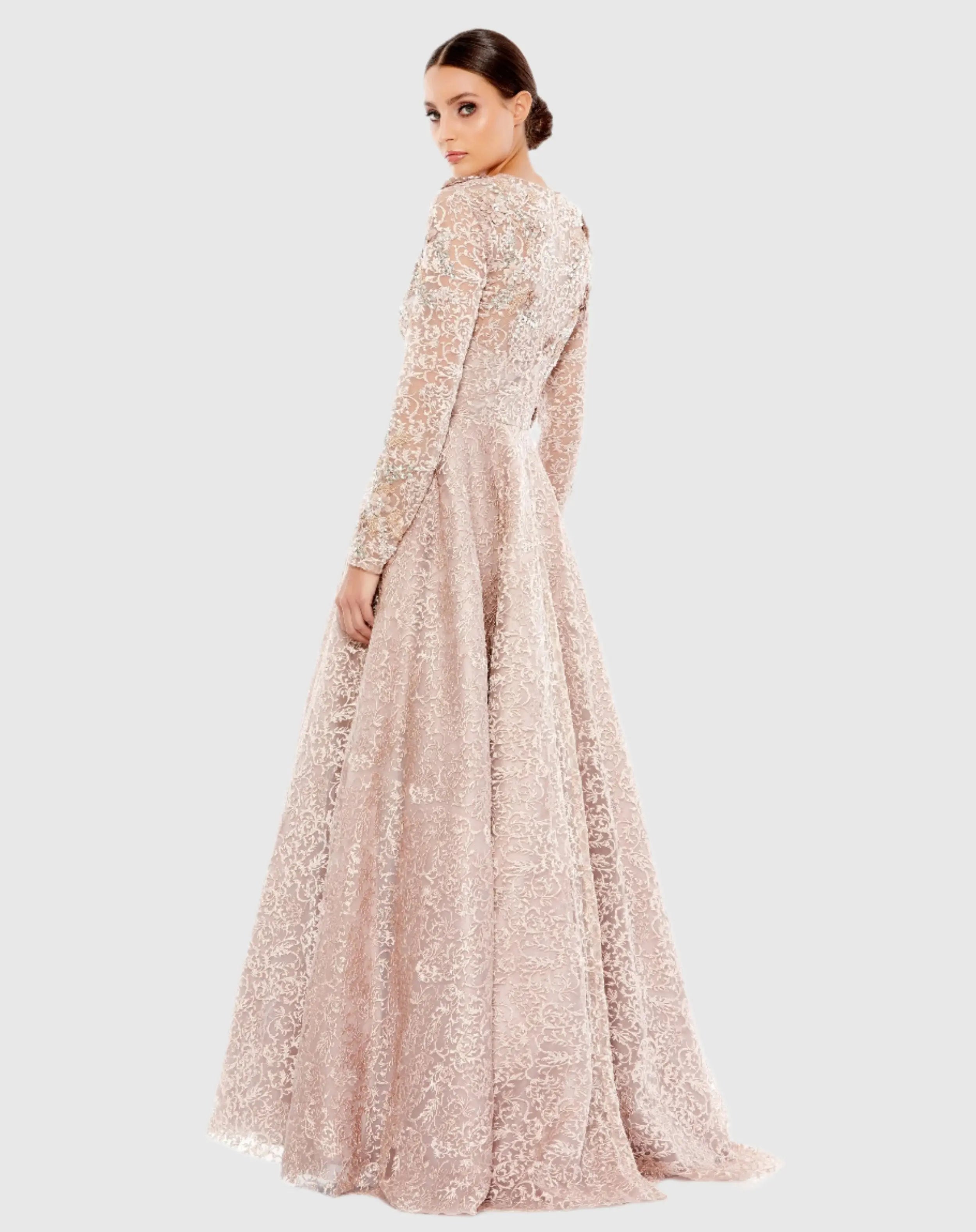 Pink Embellished Illusion Long Sleeve A Line Gown