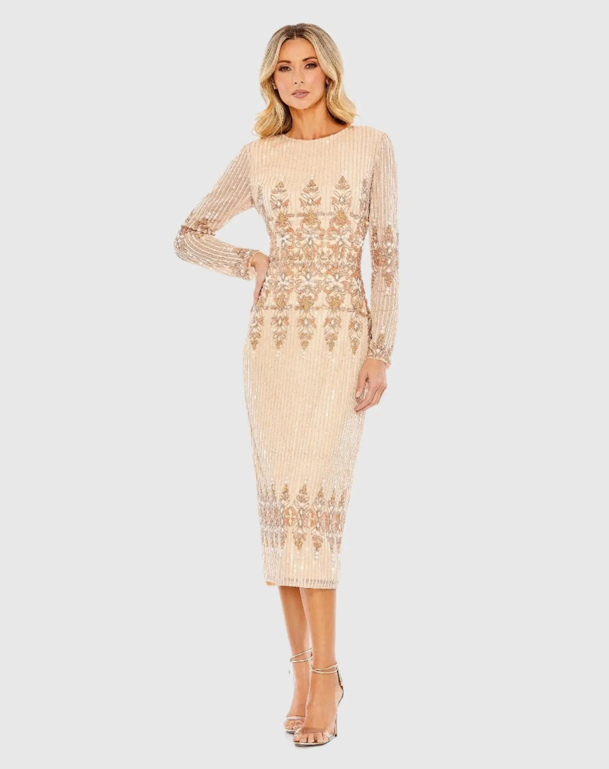 Embellished Long Sleeve High Neck Sheath Dress