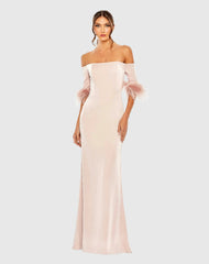 Pink Feather Trim Off The Shoulder Column Gown