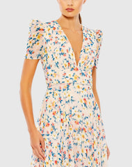 Pink Floral Print V Neck Puff Sleeve Flowy Gown