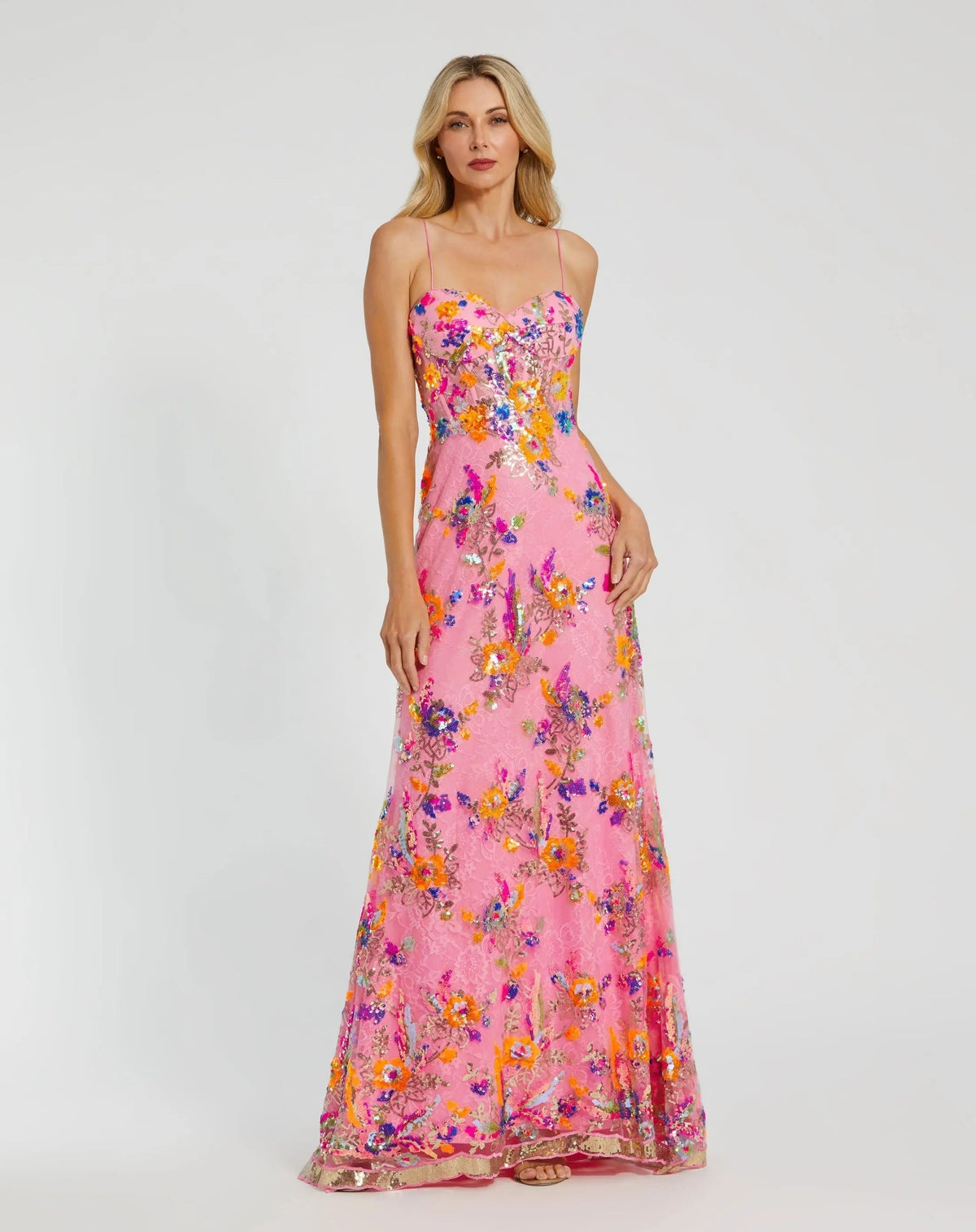Pink Floral Sequin Lace Gown with Sweetheart Neckline