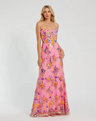 Pink Floral Sequin Lace Gown with Sweetheart Neckline