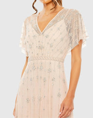 Pink V Neck Embellished Flutter Sleeve A Line Gown