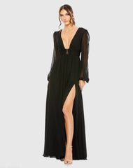 Plunge Neck Lace Up Evening Gown - FINAL SALE