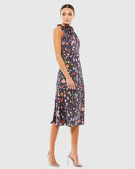 Purple Floral Print Tie Neck Midi Dress