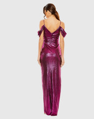 Purple Off The Shoulder Cap Sleeve Faux Wrap Gown