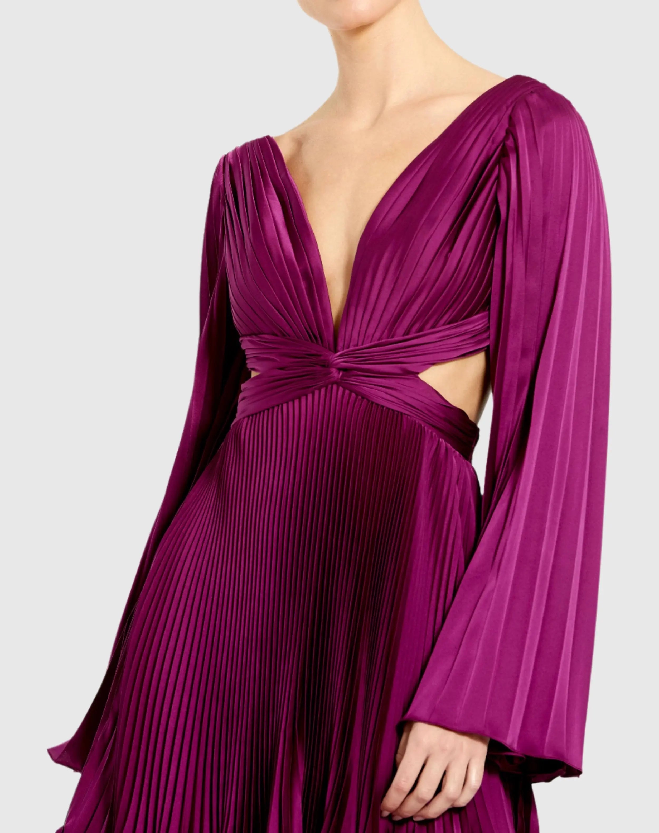 Purple Pleated V-Neck Cutout Long Sleeve Mini Dress
