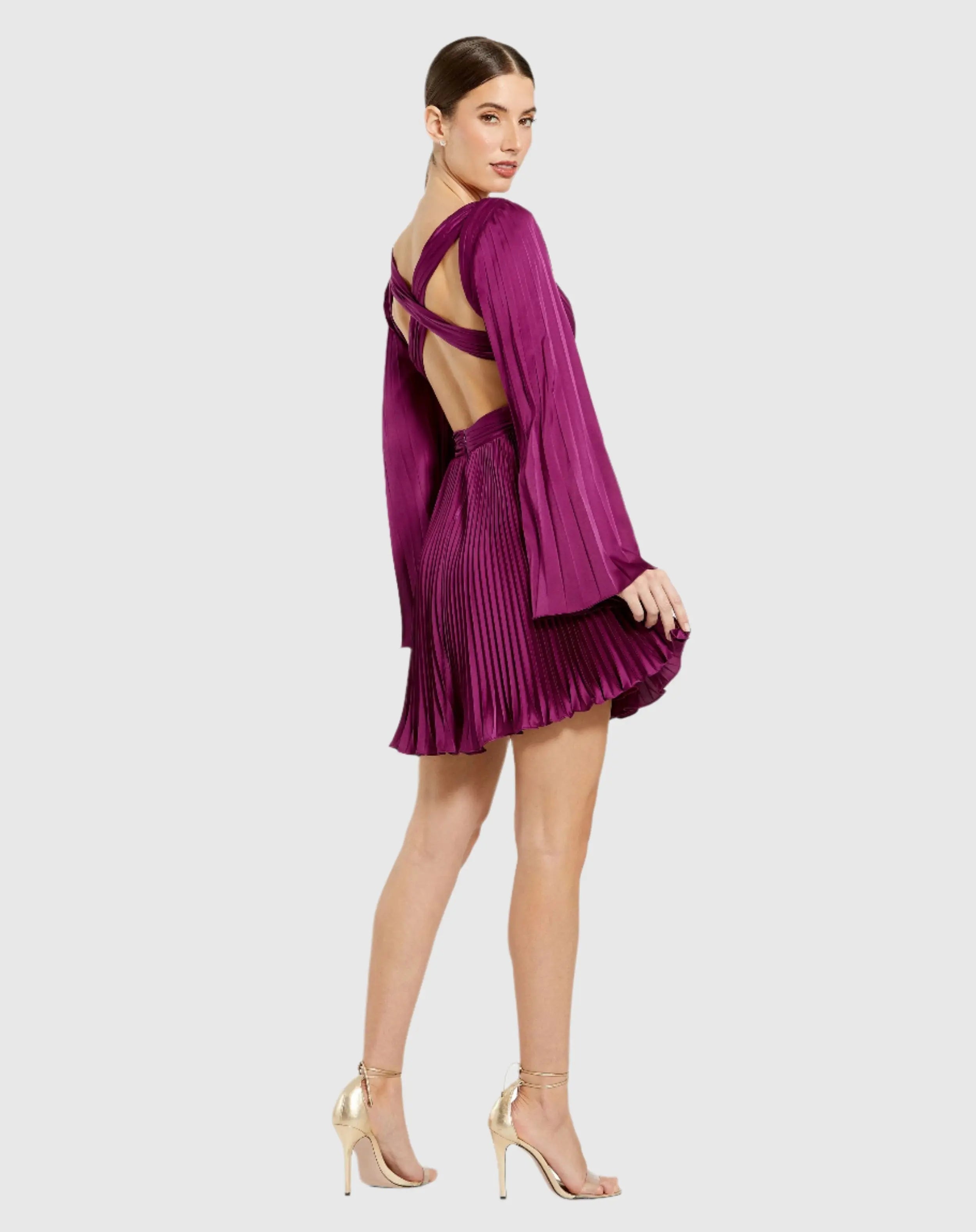 Purple Pleated V-Neck Cutout Long Sleeve Mini Dress