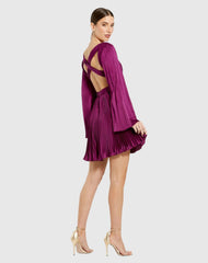 Purple Pleated V-Neck Cutout Long Sleeve Mini Dress
