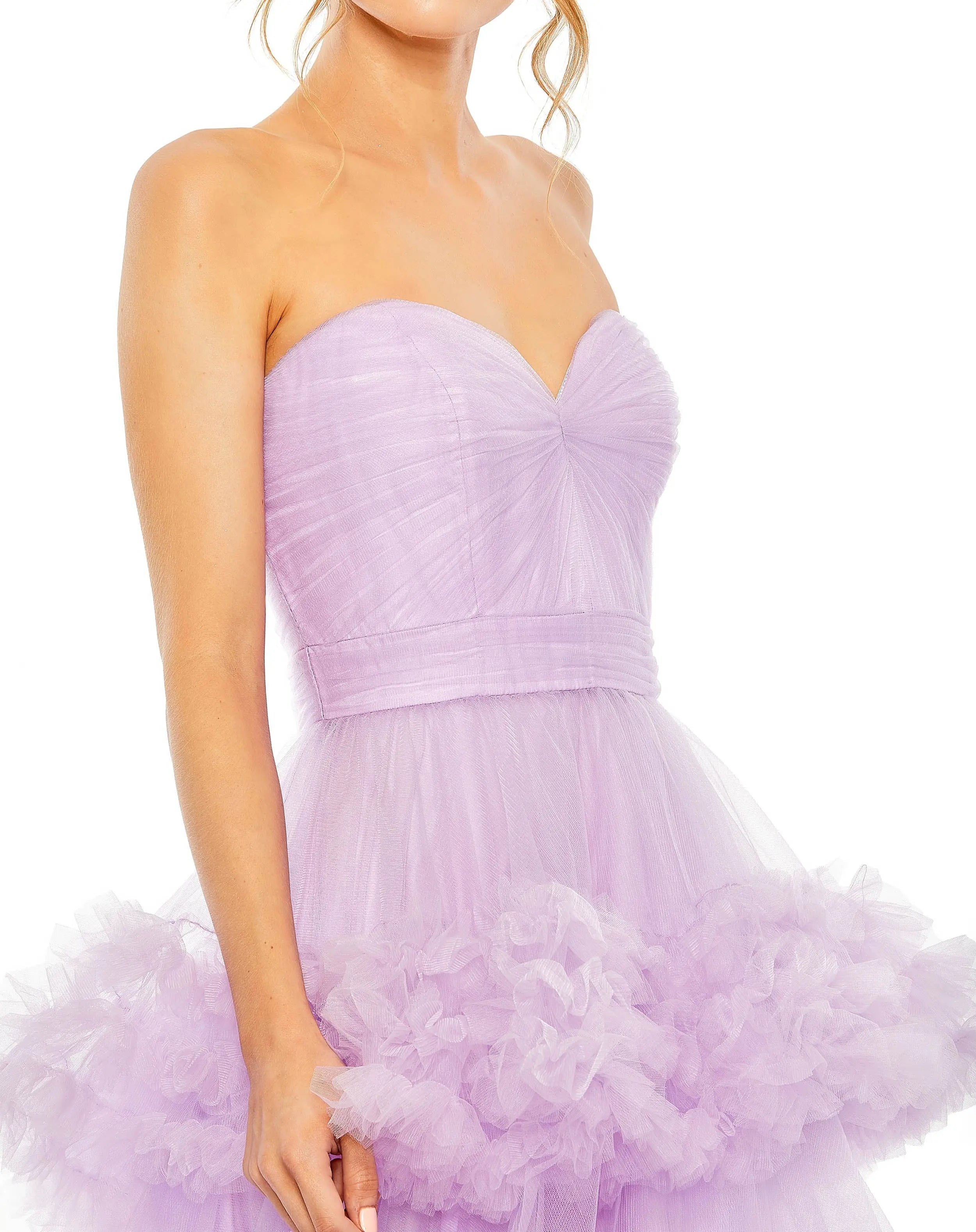 Purple Strapless Ruffle Tulle Tiered Gown