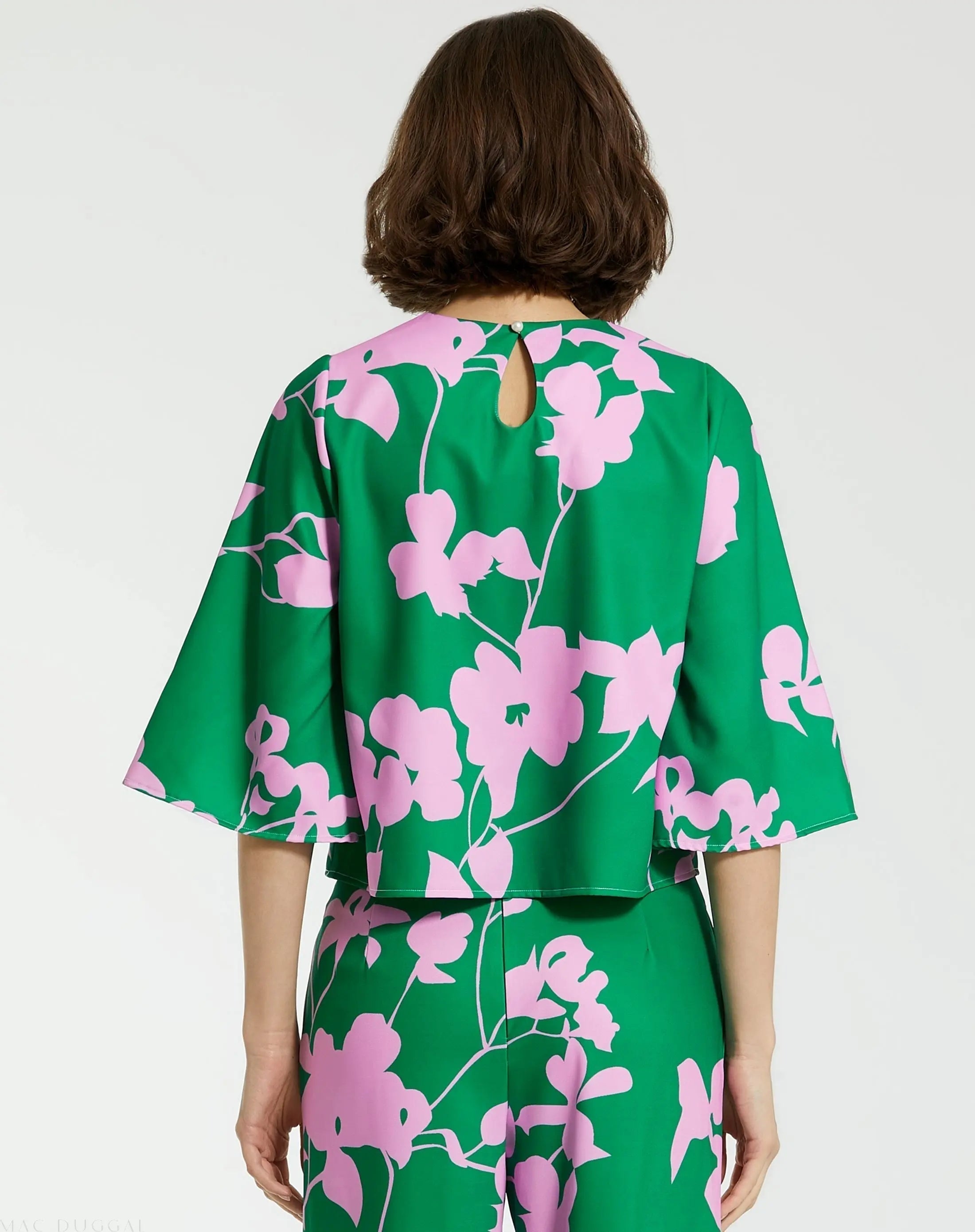 Green Printed Crepe 3/4 Bell Sleeve High Neck Top - FINAL SALE