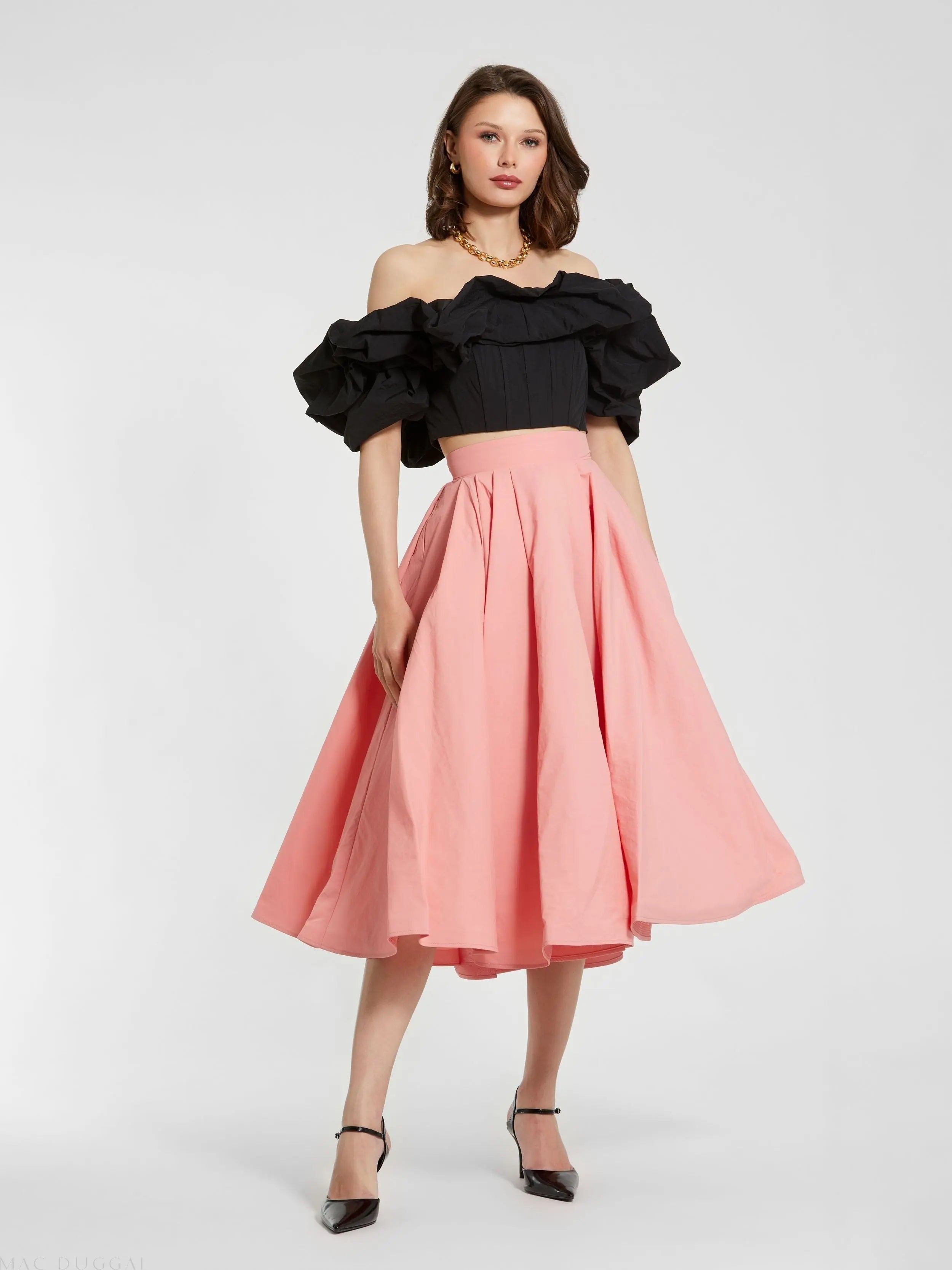 Black Faille Off The Shoulder Bustier Ruffle Top - FINAL SALE