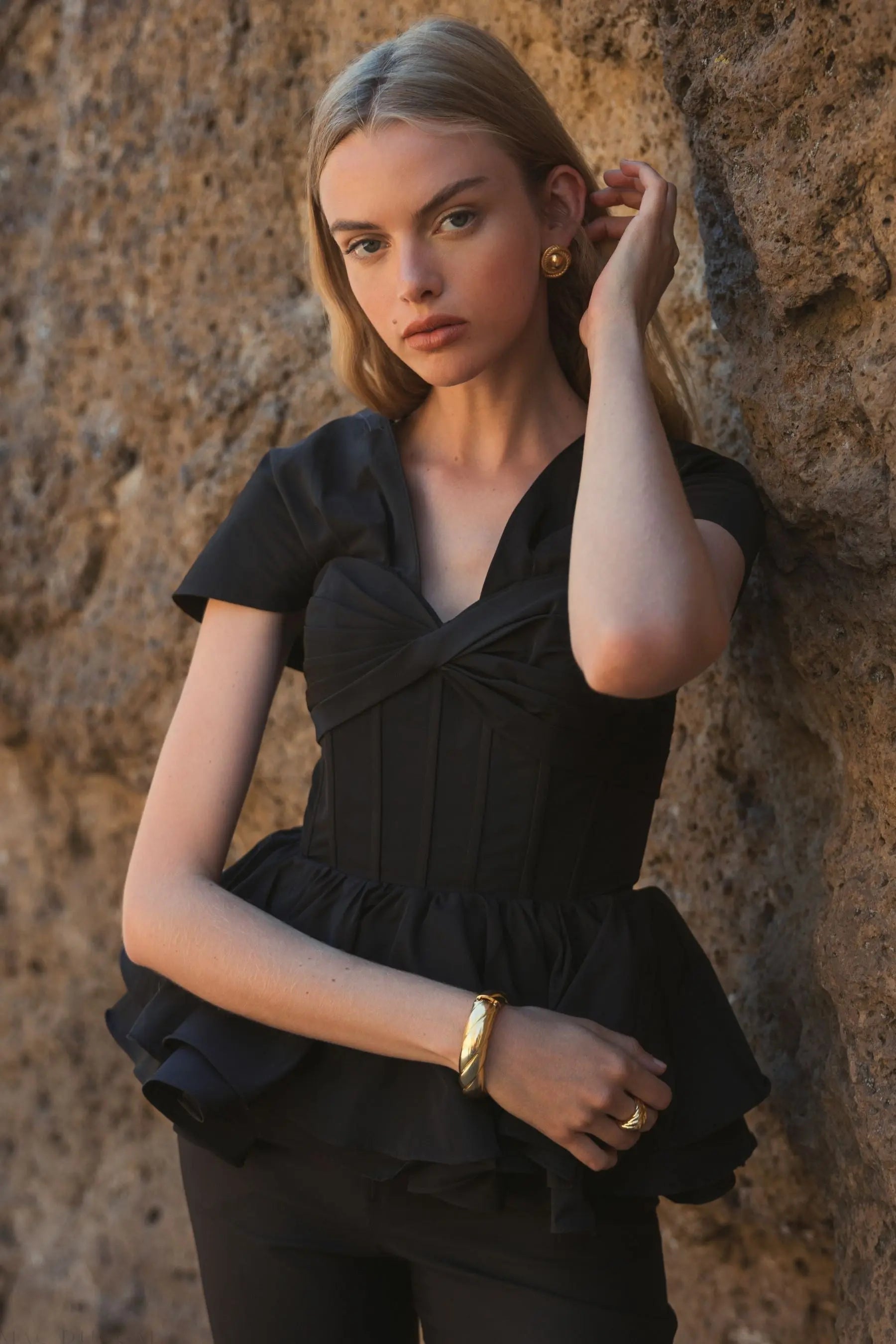 Black Faille Twist Bustier Peplum Top