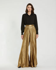 Gold Metallic Lamé Pleated Wide Leg Pant