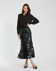 Black Paillette Sequin Midi Skirt