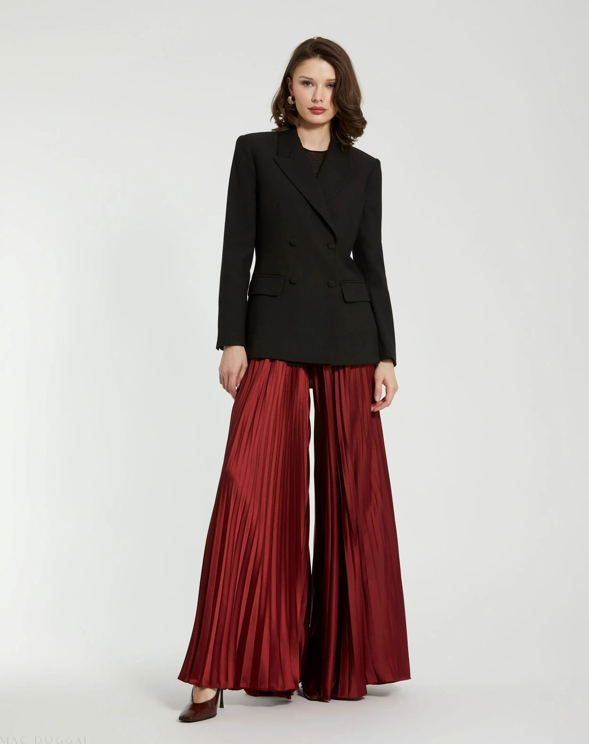 Red Pleated Charmeuse Wide Leg Pants