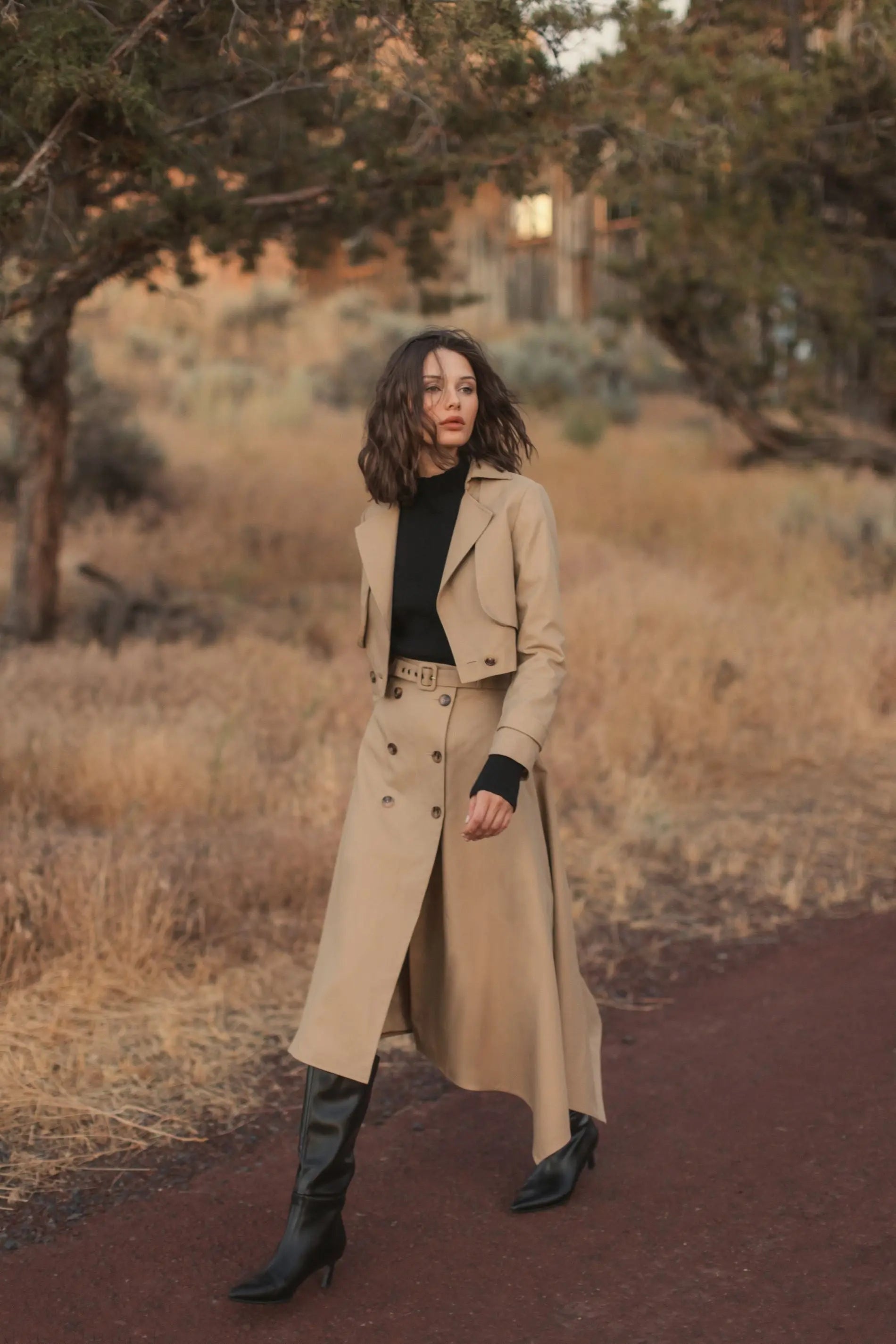 Beige Twill Midi Skirt With Buttons