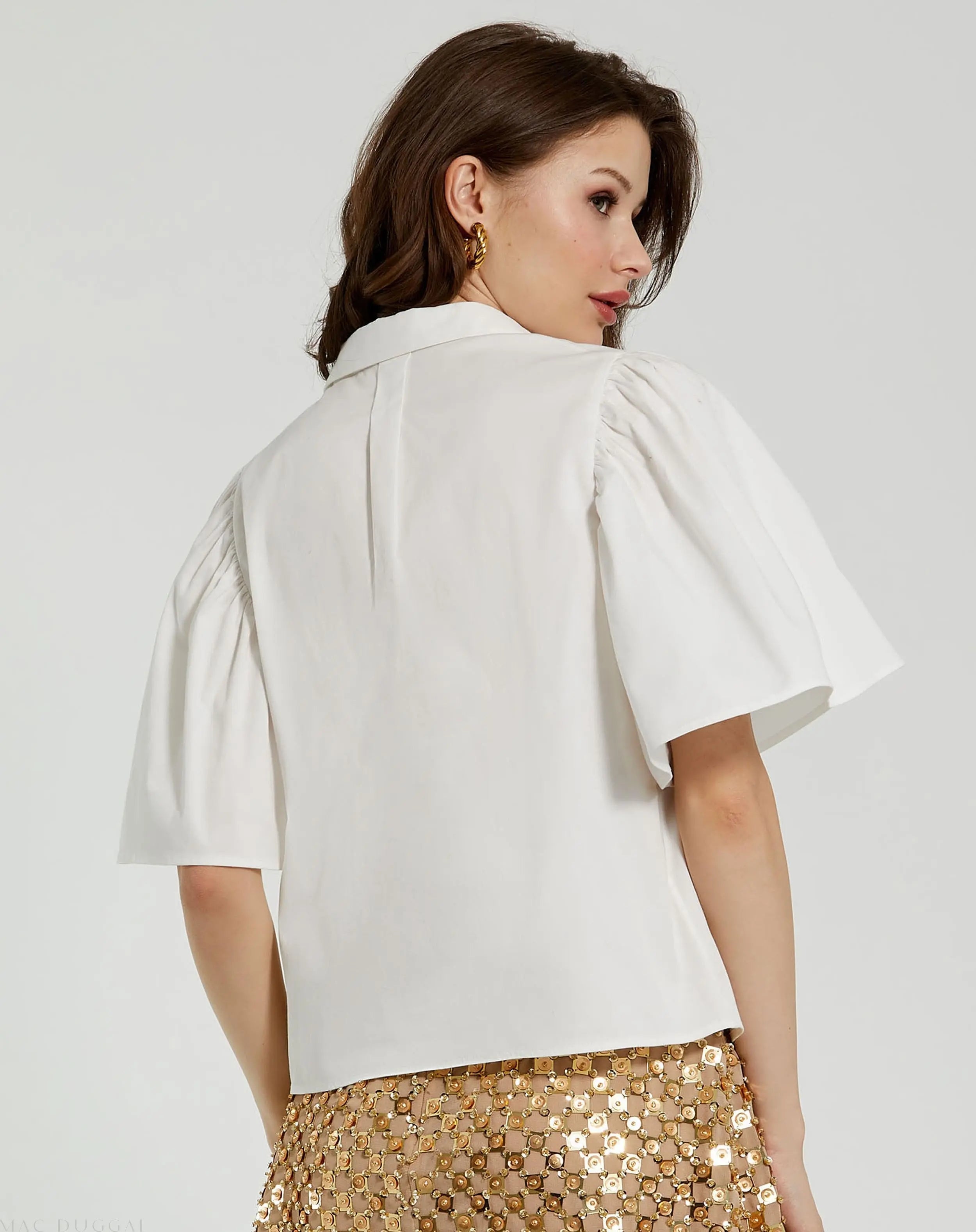 White Cotton Flare Ruffle Sleeve Button Up Top - FINAL SALE