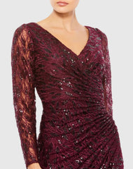 Red Long Sleeve Ruched Sequined V-Neck Gown
