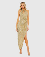 Gold Sequined High Neck Keyhole Asymmetrical Dress