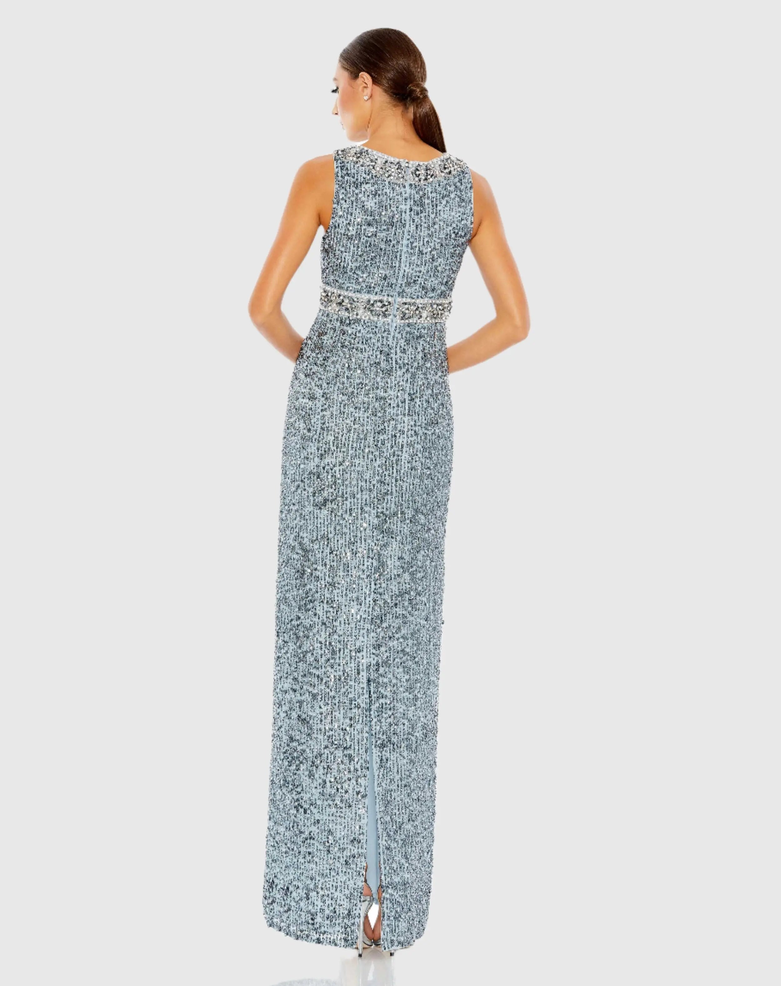 Blue Sleeveless Sequin Column Gown