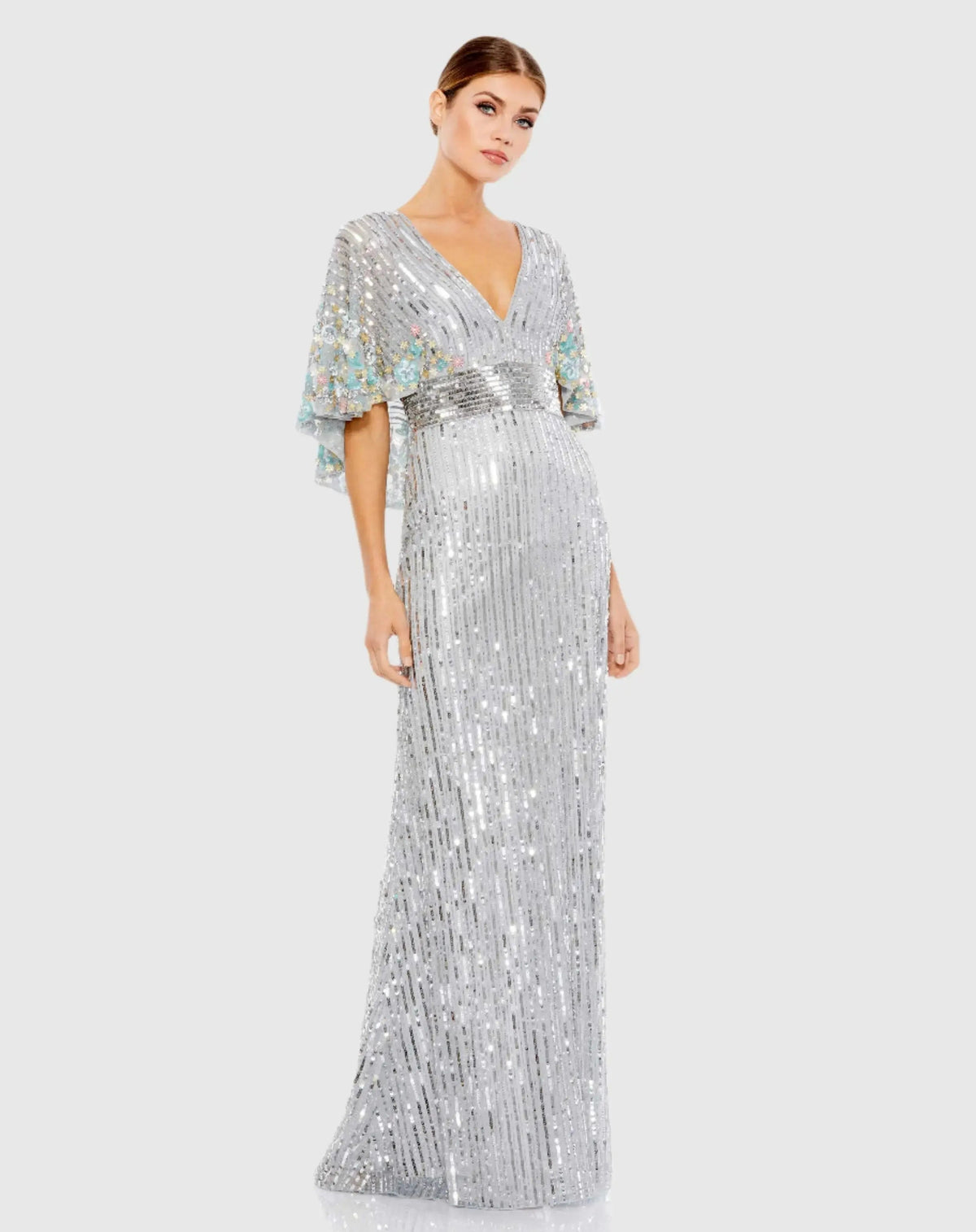 Silver Sequined V Neck Floral Embellished Cape Sleeve Gown