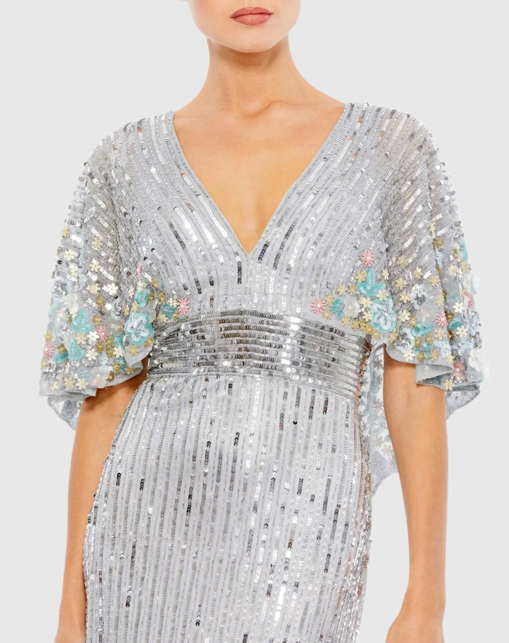Silver Sequined V Neck Floral Embellished Cape Sleeve Gown