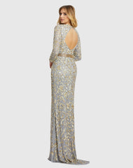 Silver Long Sleeve Embellished Gown