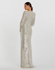 Silver Sequined Long Sleeve Faux Wrap Ruched Gown