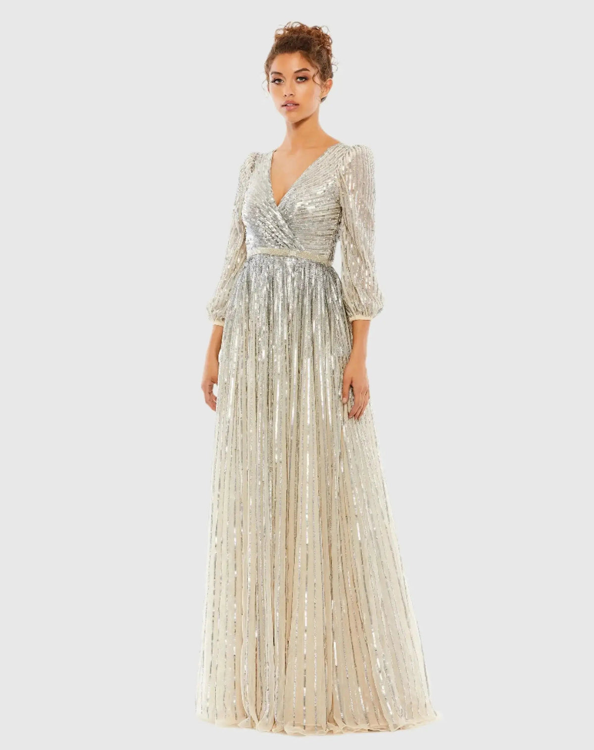 Silver and Beige Sequined Wrap Over 3/4 Sleeve Gown