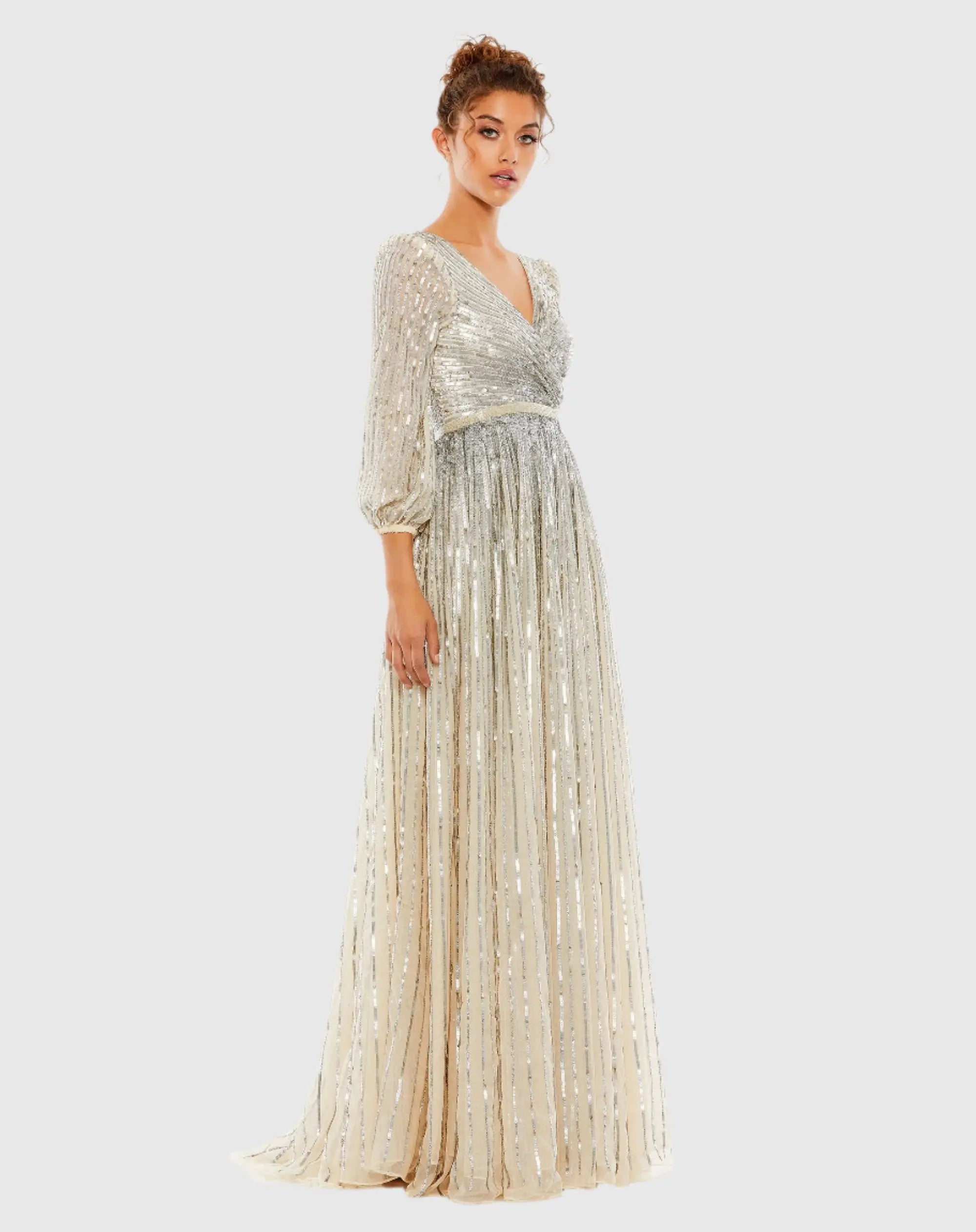 Silver and Beige Sequined Wrap Over 3/4 Sleeve Gown