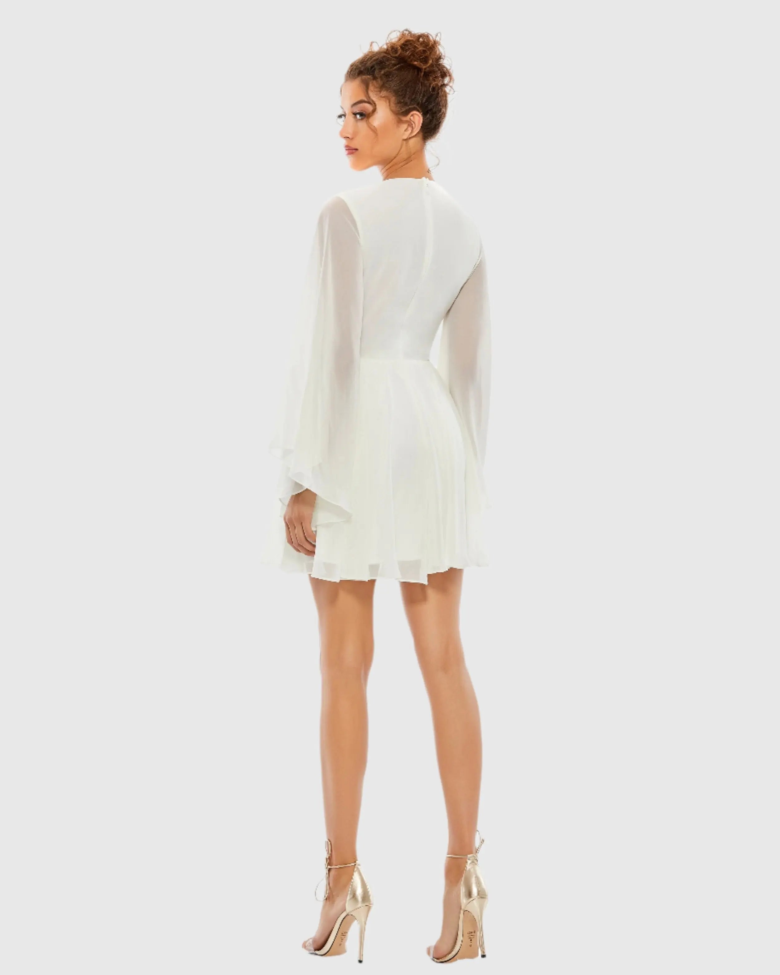 White Solid Flowy V Neck Illusion Sleeve Mini Dress