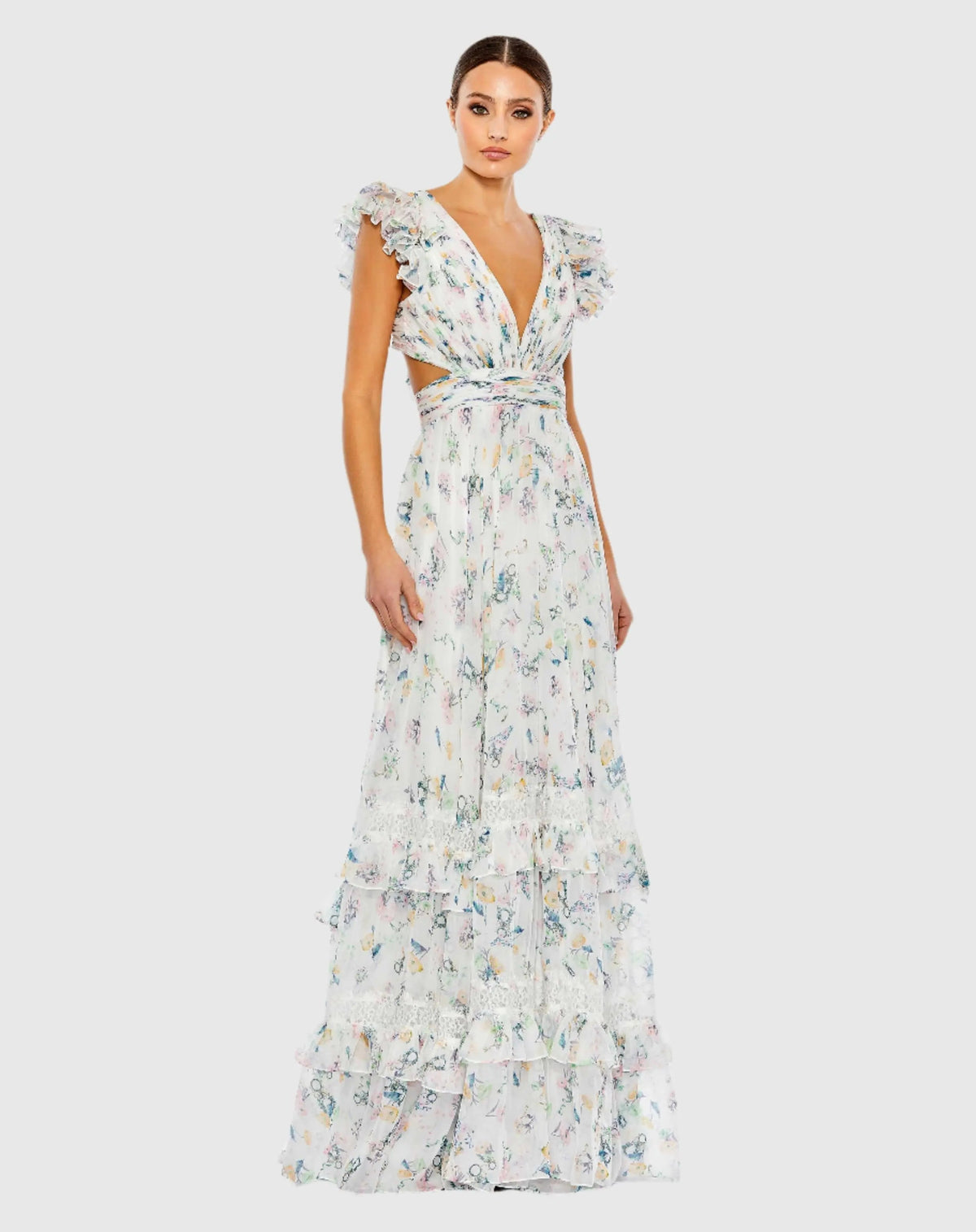 White Floral Ruffled Cut Out Flowy Maxi Dress