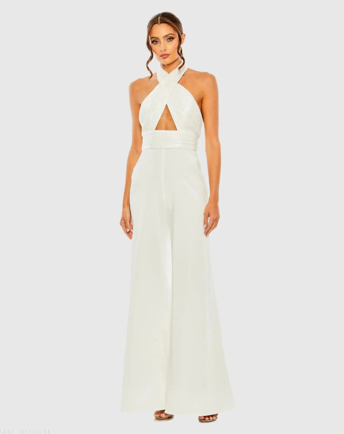White Sequined Cross Neck Halter Jumpsuit