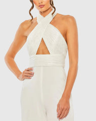 White Sequined Cross Neck Halter Jumpsuit