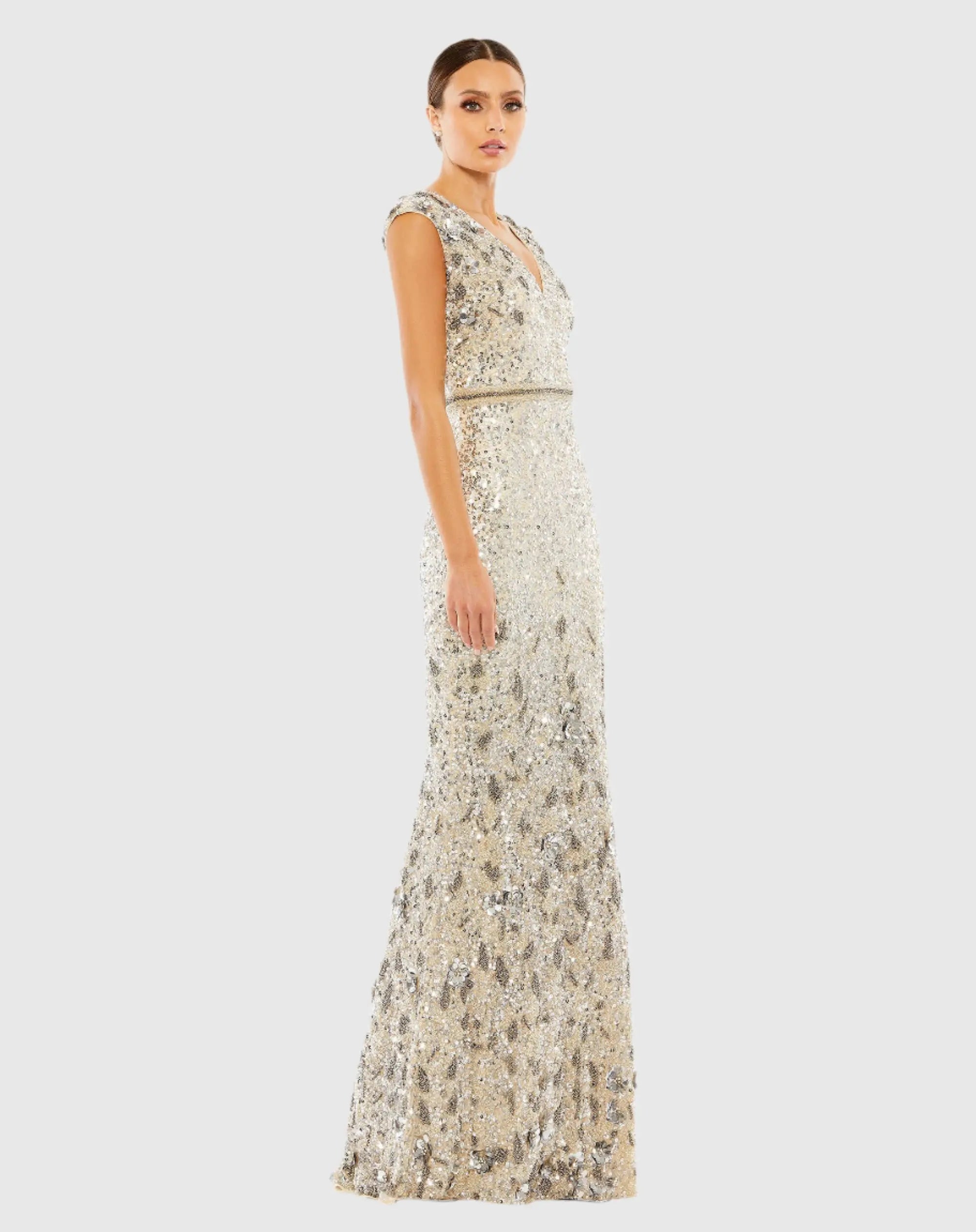 White and Silver Embellished V Neck Cap Sleeve Sequin Gown