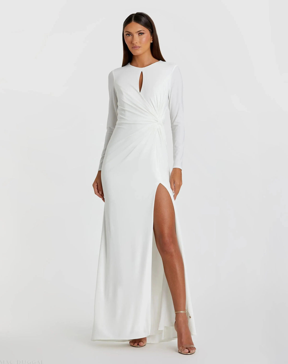 White Long Sleeve Keyhole Draped Gown