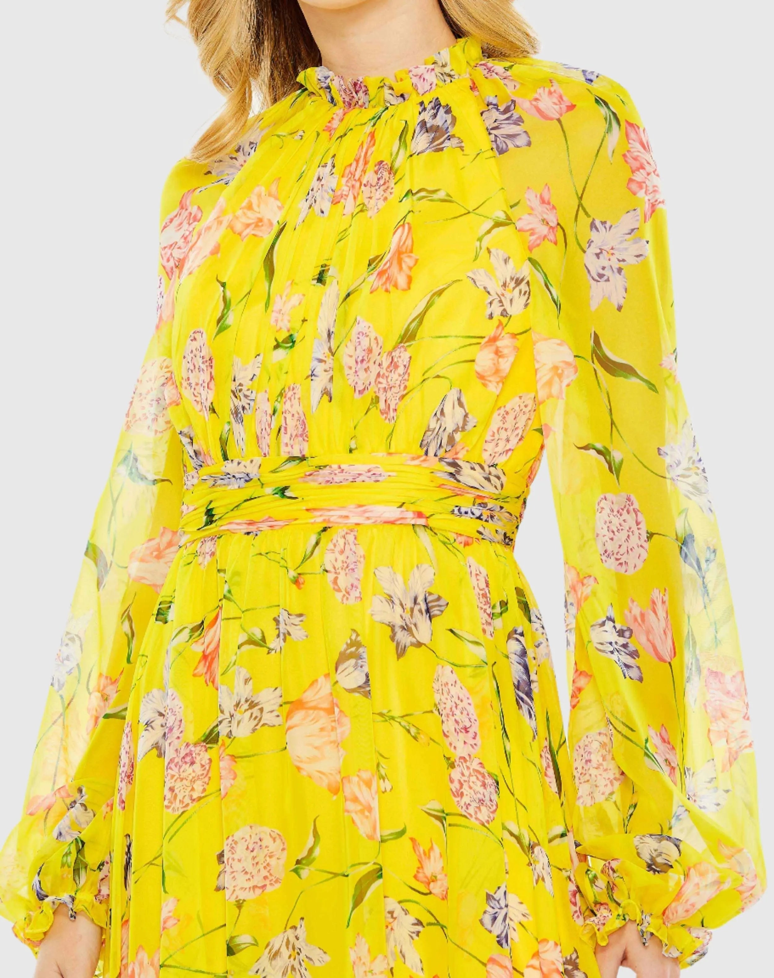 Yellow Floral Print Chiffon Ruched Raglan Sleeve Gown