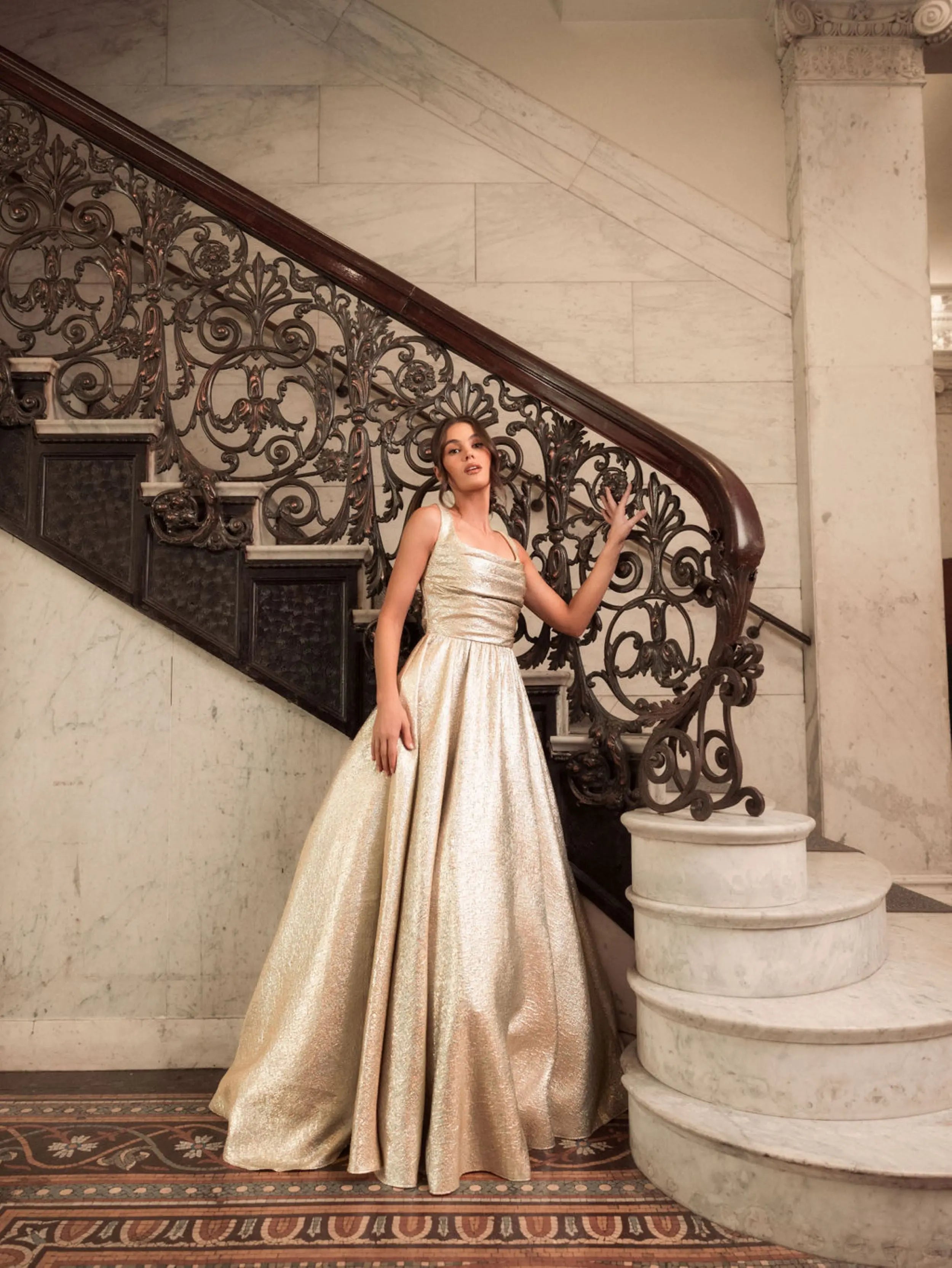 Gold Metallic Pleated Bodice Ballgown