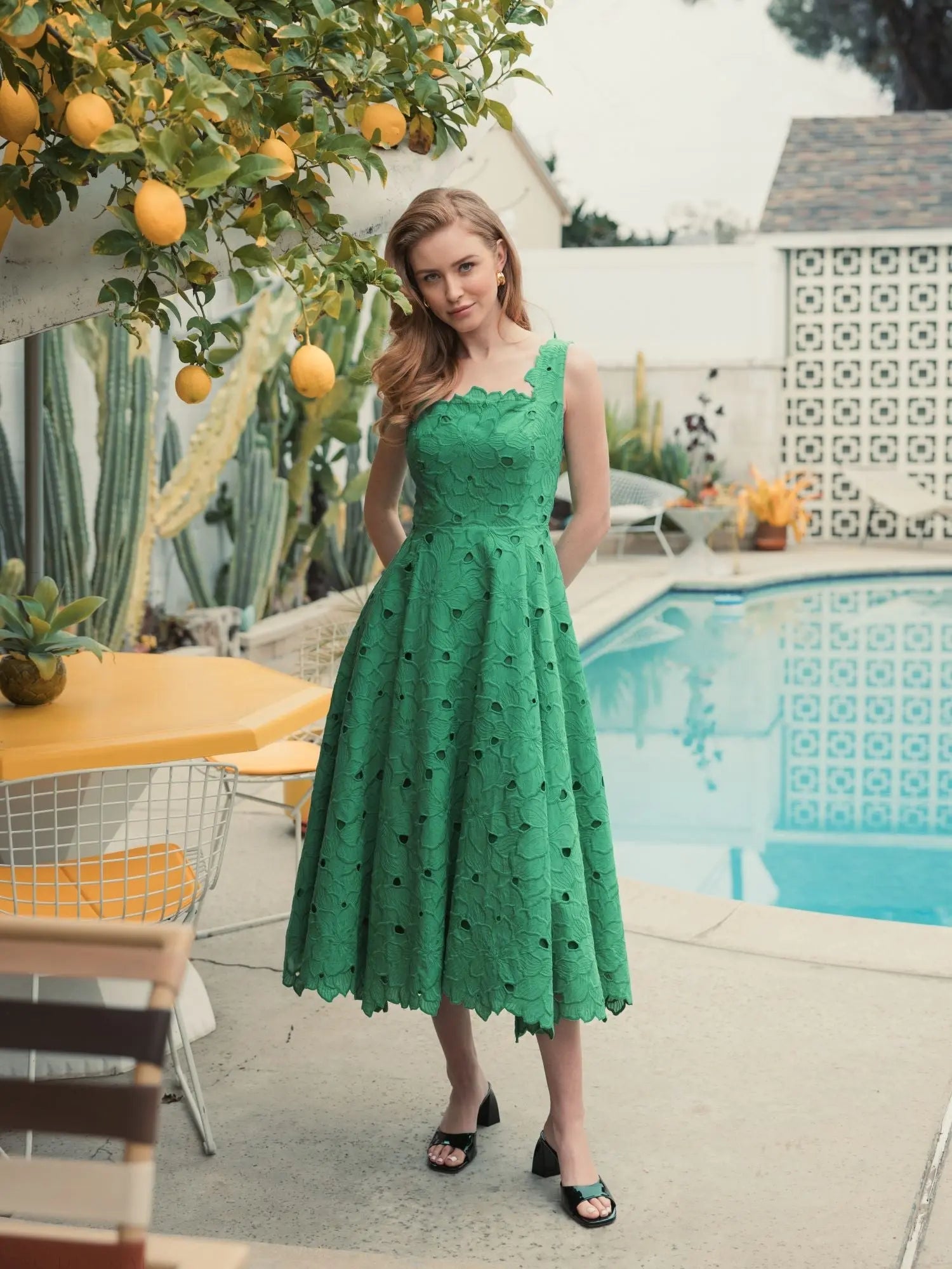 Green Embroidered Floral A Line Midi Dress